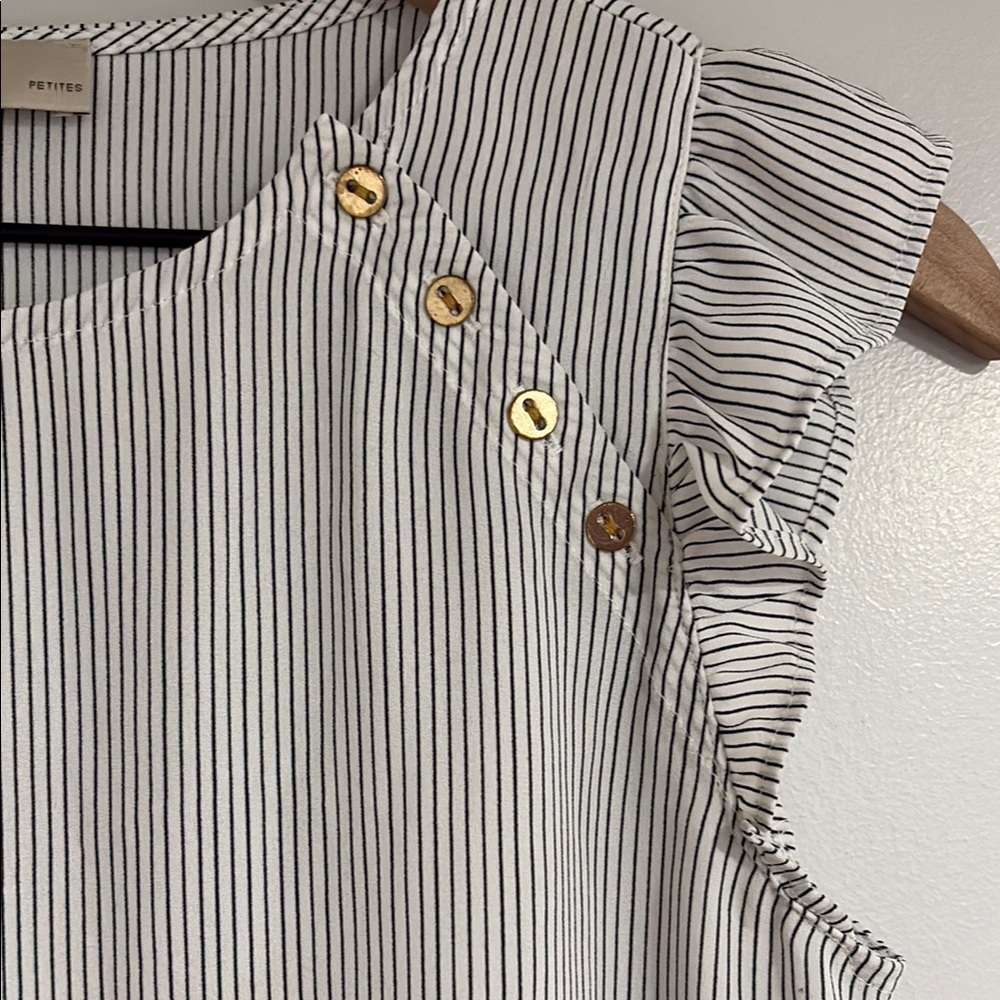 LOFT Pinstripe Ruffle Sleeve Blouse with Gold Buttons - Picture 3 of 4